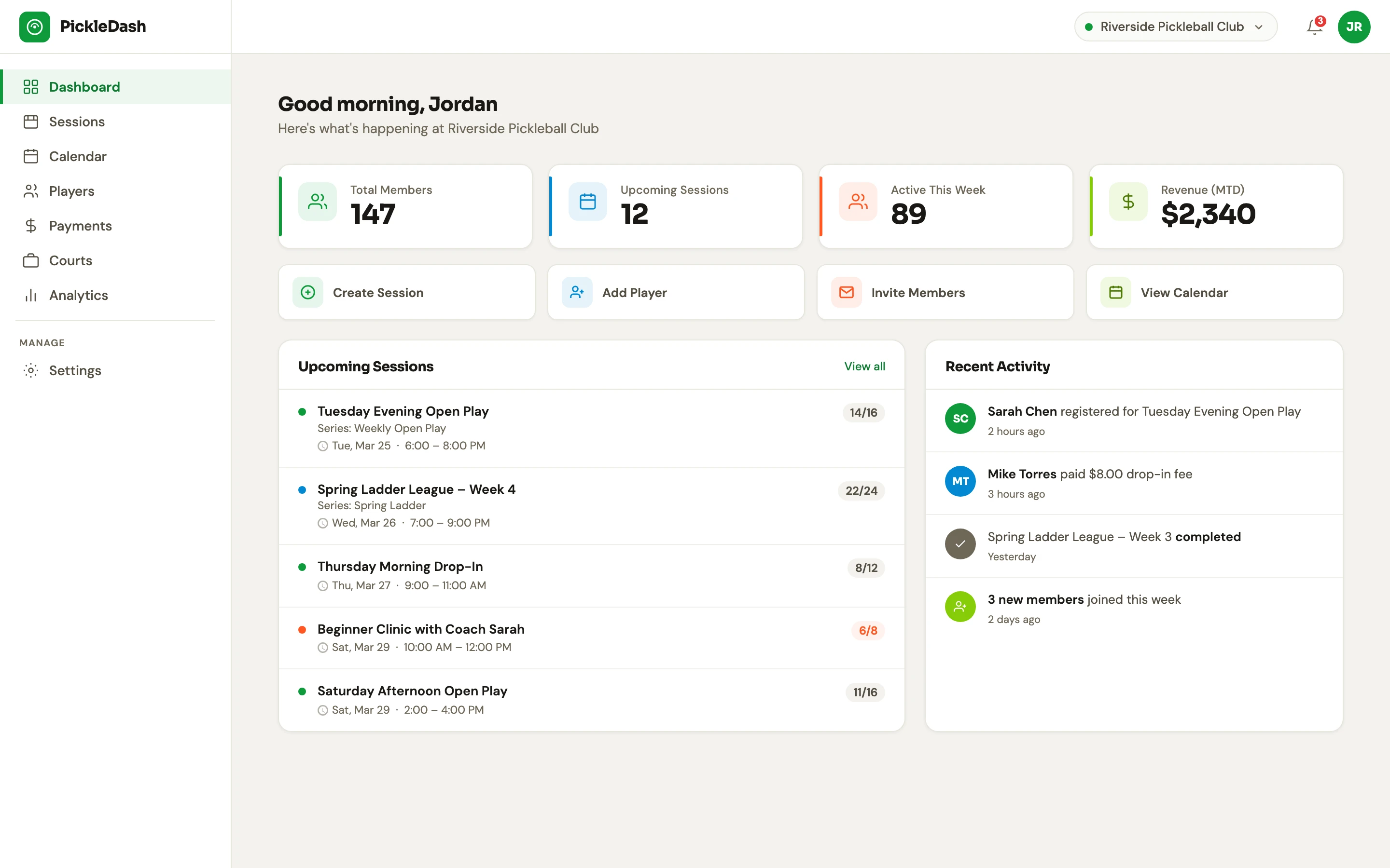 Tableau de bord PickleDash — gestion des sessions, statistiques des membres et activité récente