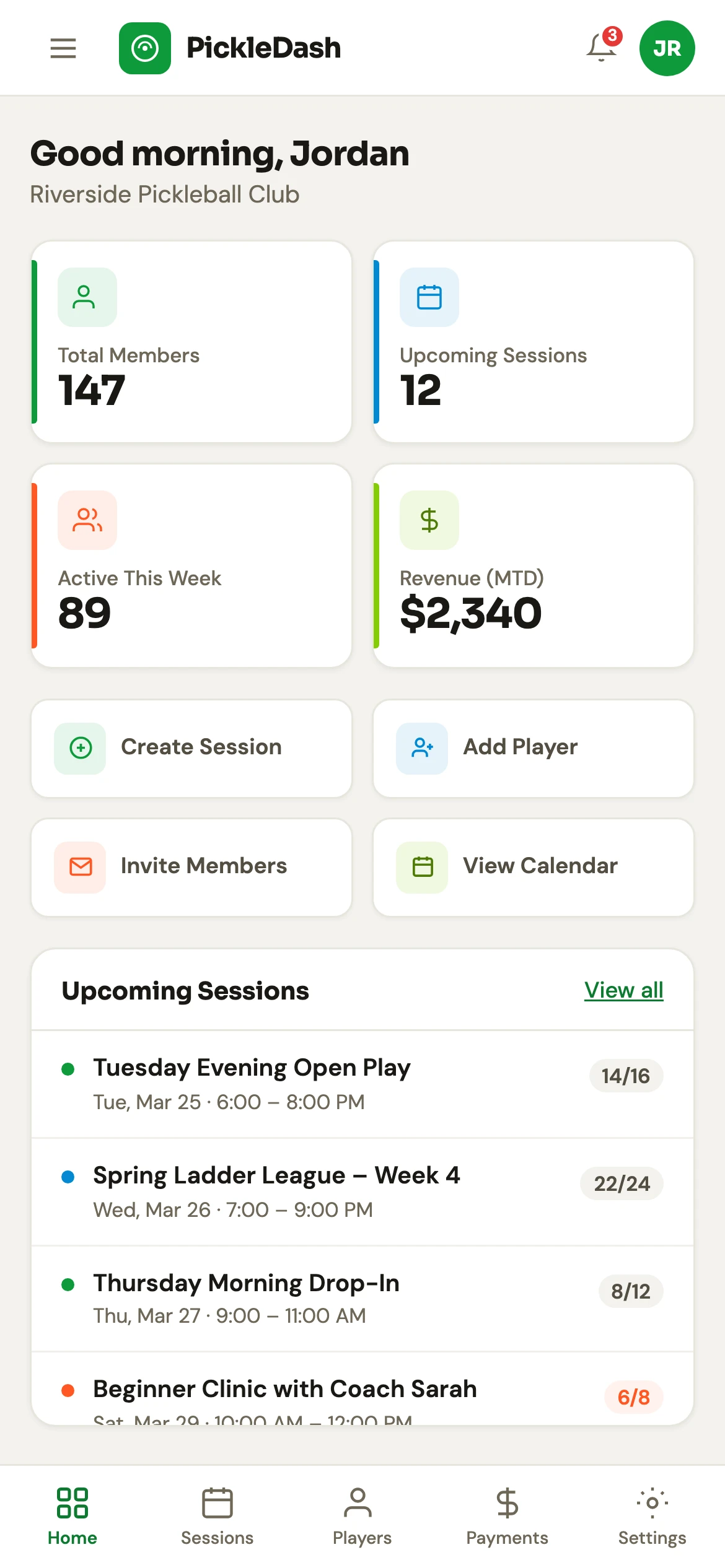 PickleDash sur mobile — gérez votre club de pickleball de partout